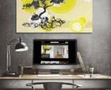 Which contemporary painting in a yellow interior
